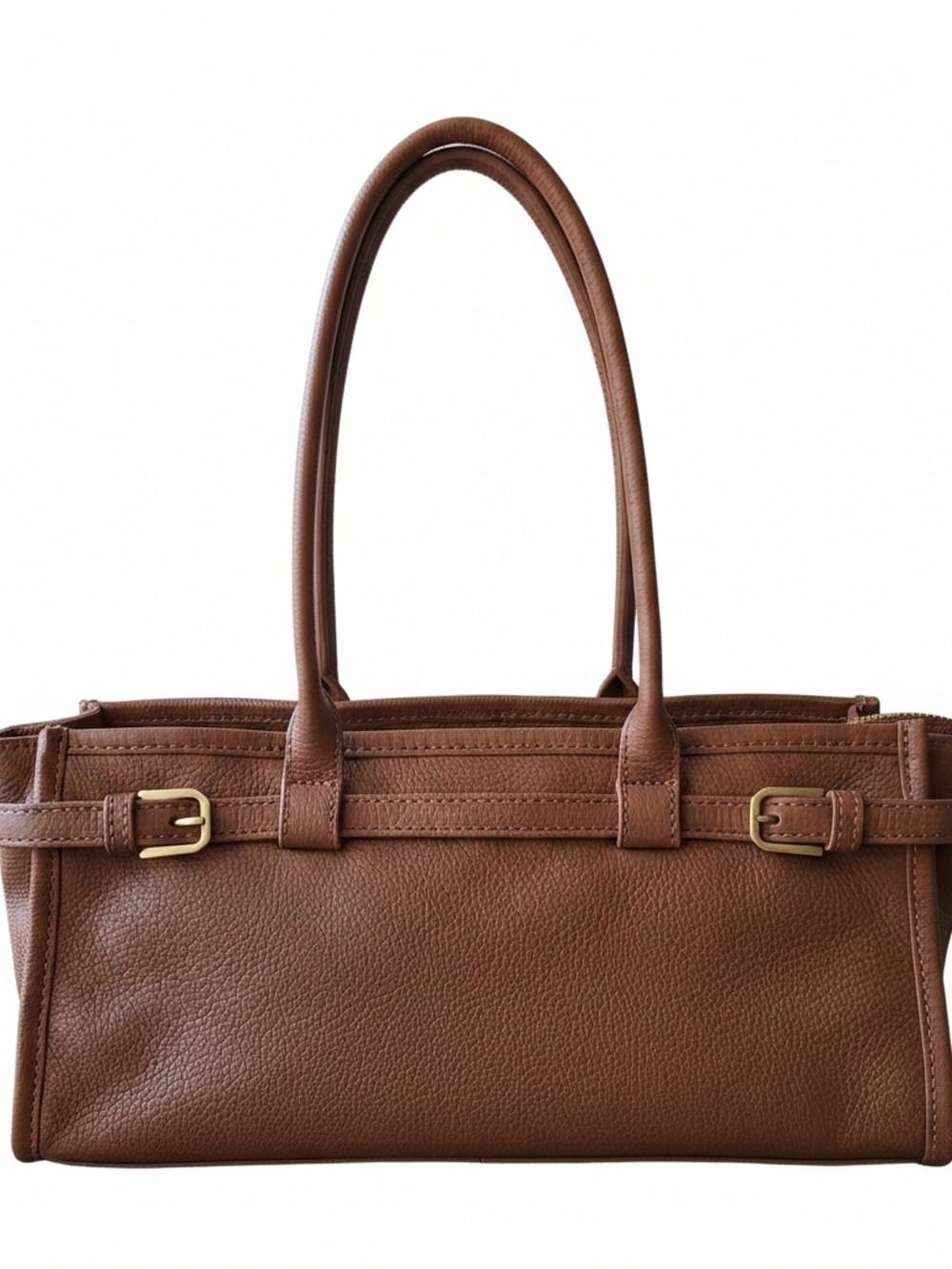 Genuine Leather Brown Shoulder Bag Minimal Structured Top Handle Purse